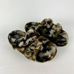 J Slides NYC Brooke Womens Genuine Shearling Platform Slippers Green Camo size 8